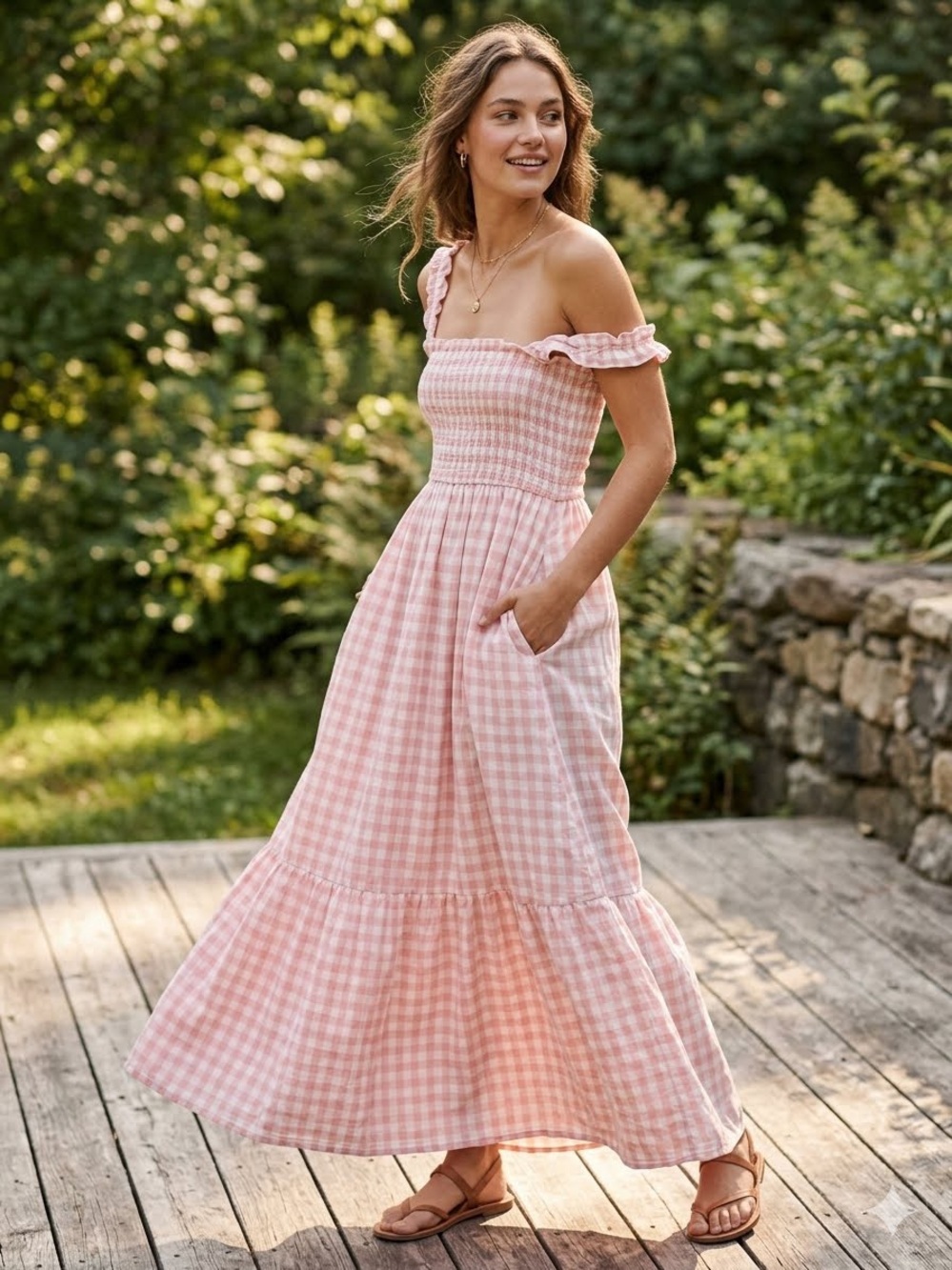 Pink and White Gingham Maxi Dress w/Smocking Elastic Straps w/Pockets SZ Med